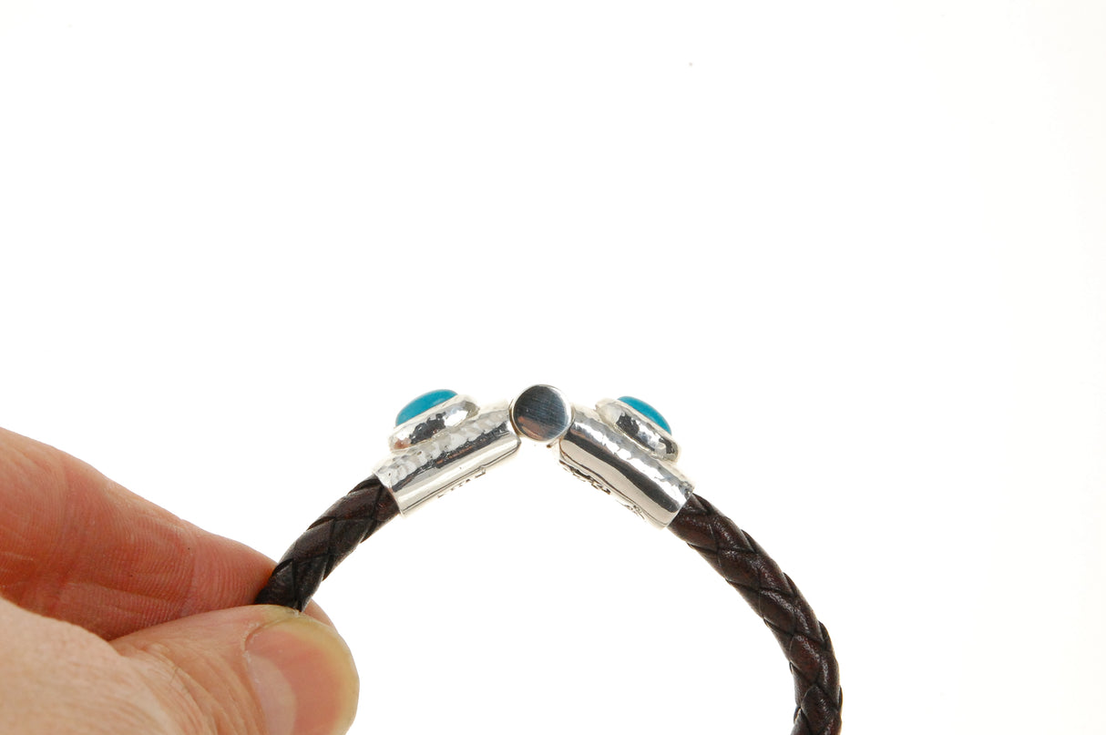 Silver Leather Bracelet Hammered Jointlock Oval Turquoise 7