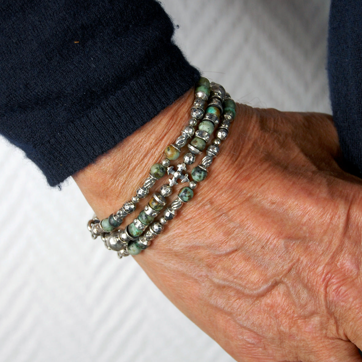 Silver Leather Bracelet Beads and Tubes BLADES CROSS 15