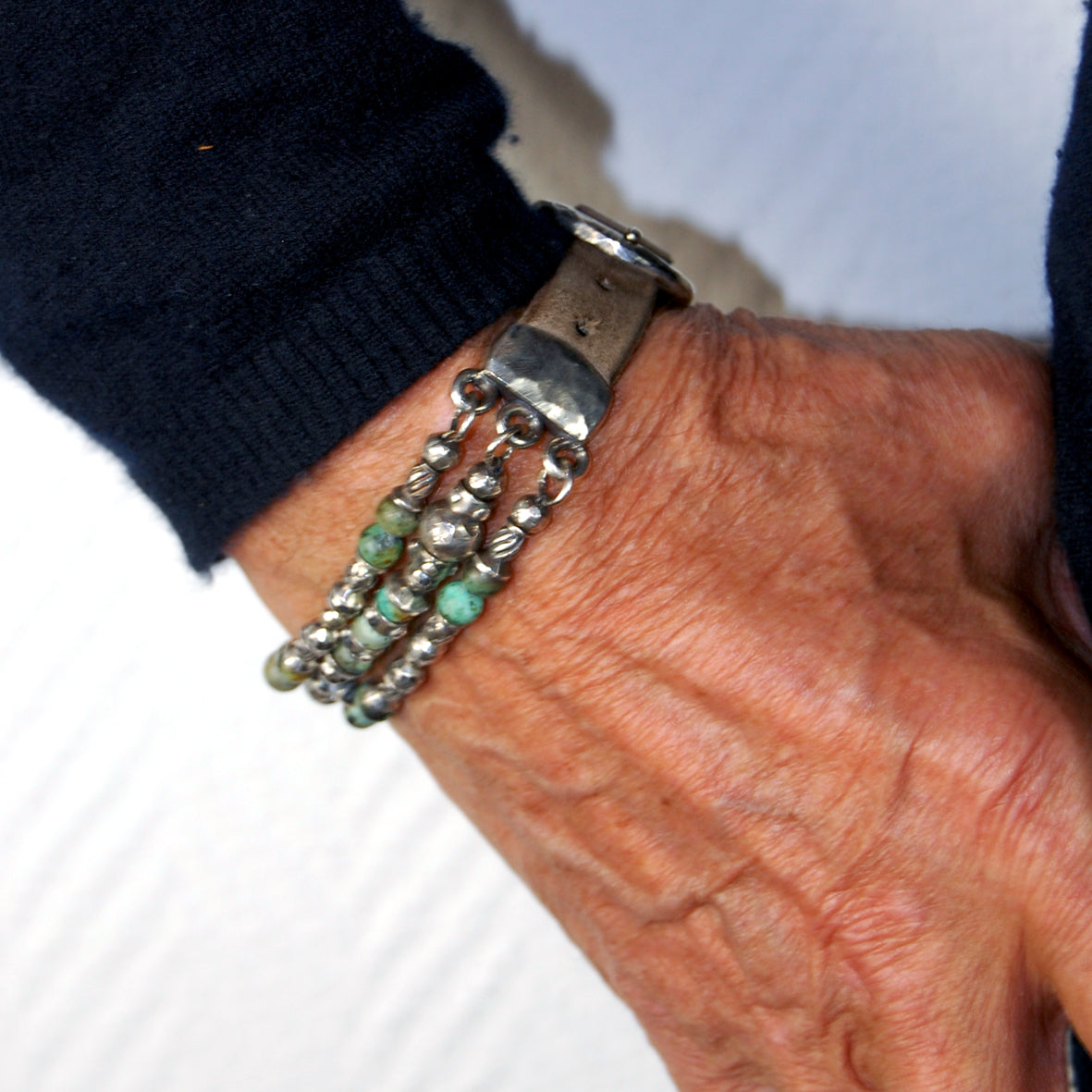 Silver Leather Bracelet Beads and Tubes BLADES CROSS 15