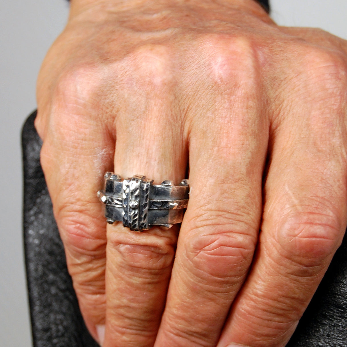 Silver Ring BOUND Faceted Body Rivets Hammered Bands