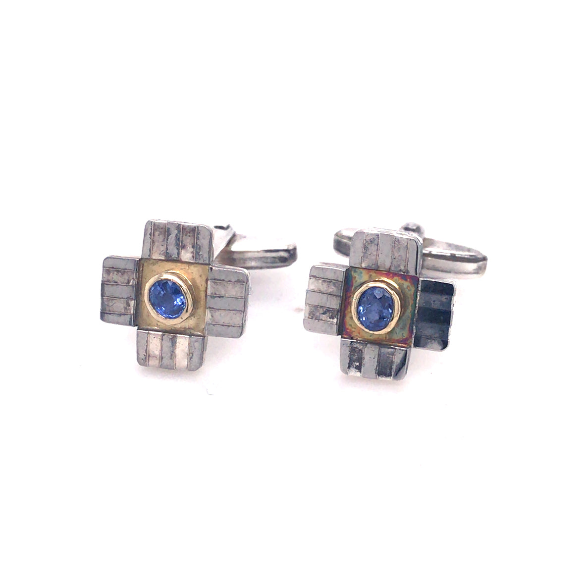 Silver CROSS Cufflink with Ceylon SAPPHIRE on18ct GOLD and PALLADIUM Surface