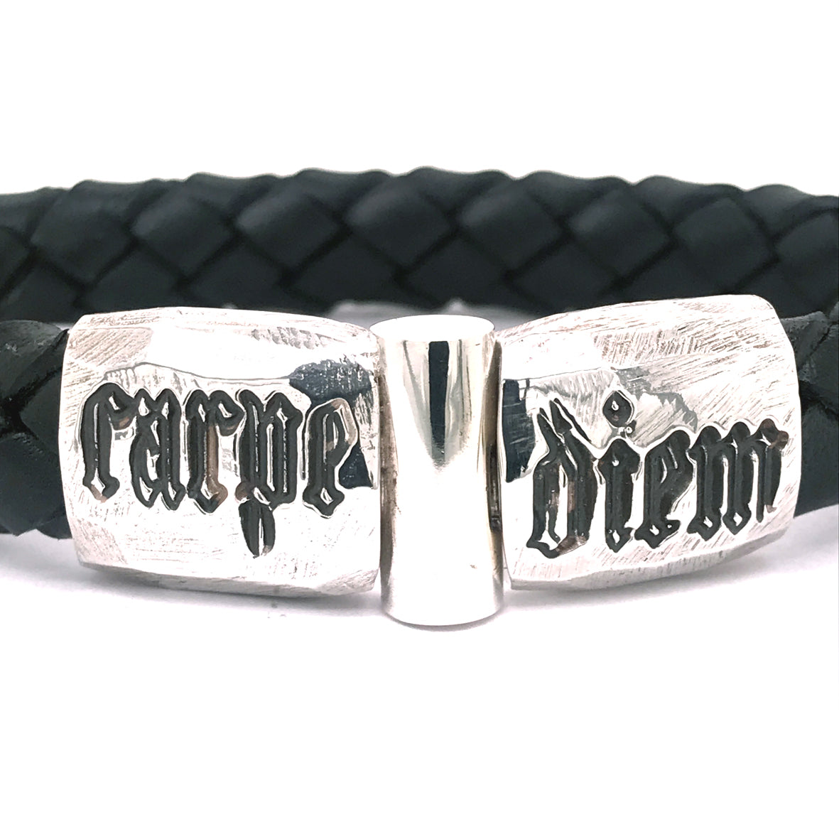 Silver Leather Bracelet CARPE DIEM Jointlock Faceted 13