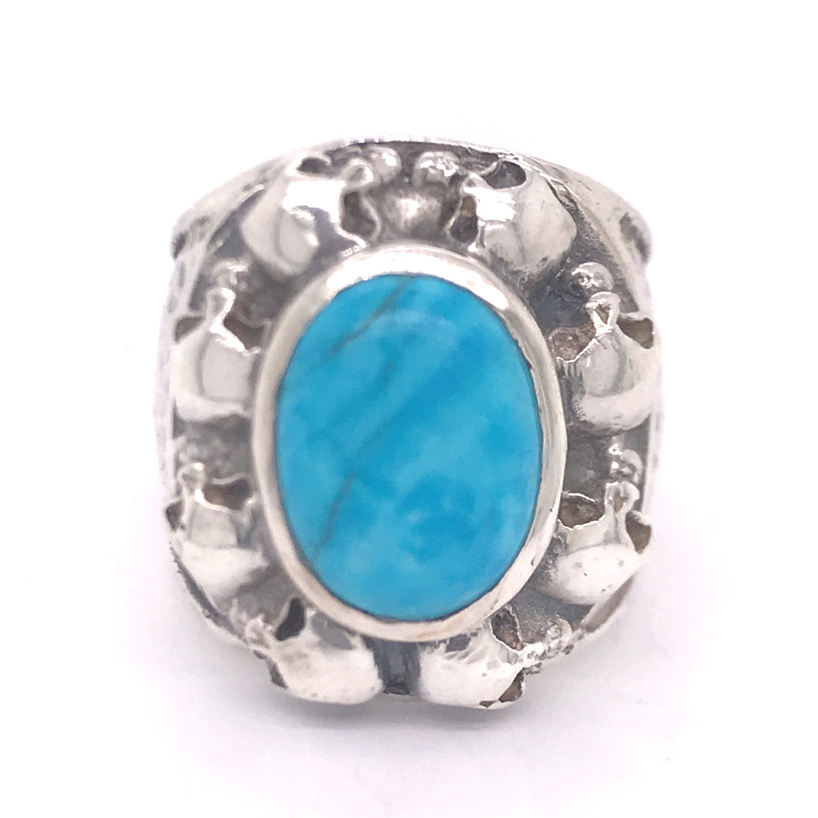 Silver Ring Oval STONE with SKULL Frame