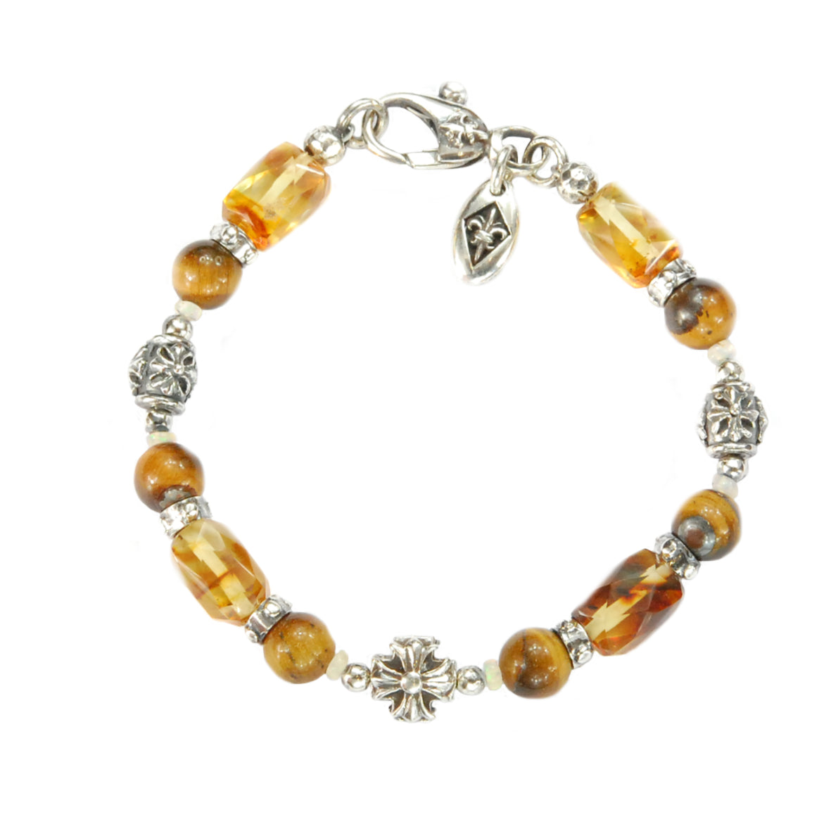 Silver Bracelet  MALTESER CROSS and AMBER ROCKS with Beads and Opals