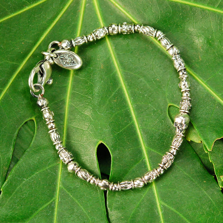 Silver Bracelet TUBES Elfin Lilies Dragon Scales Spirals Stars with Mini SKULL on Rubber