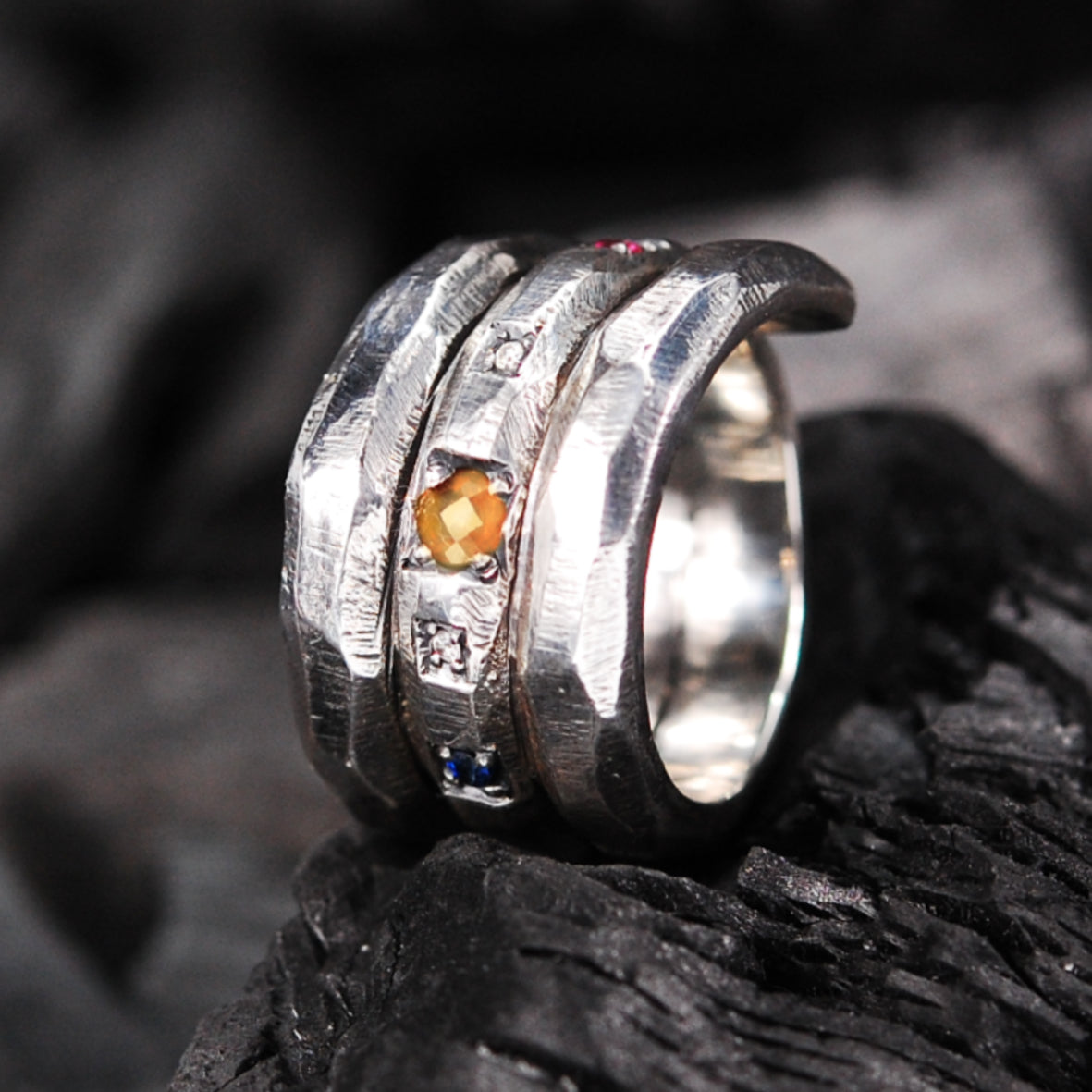 Silver Ring Spiral SUN and PLANETS with Citrin SUN