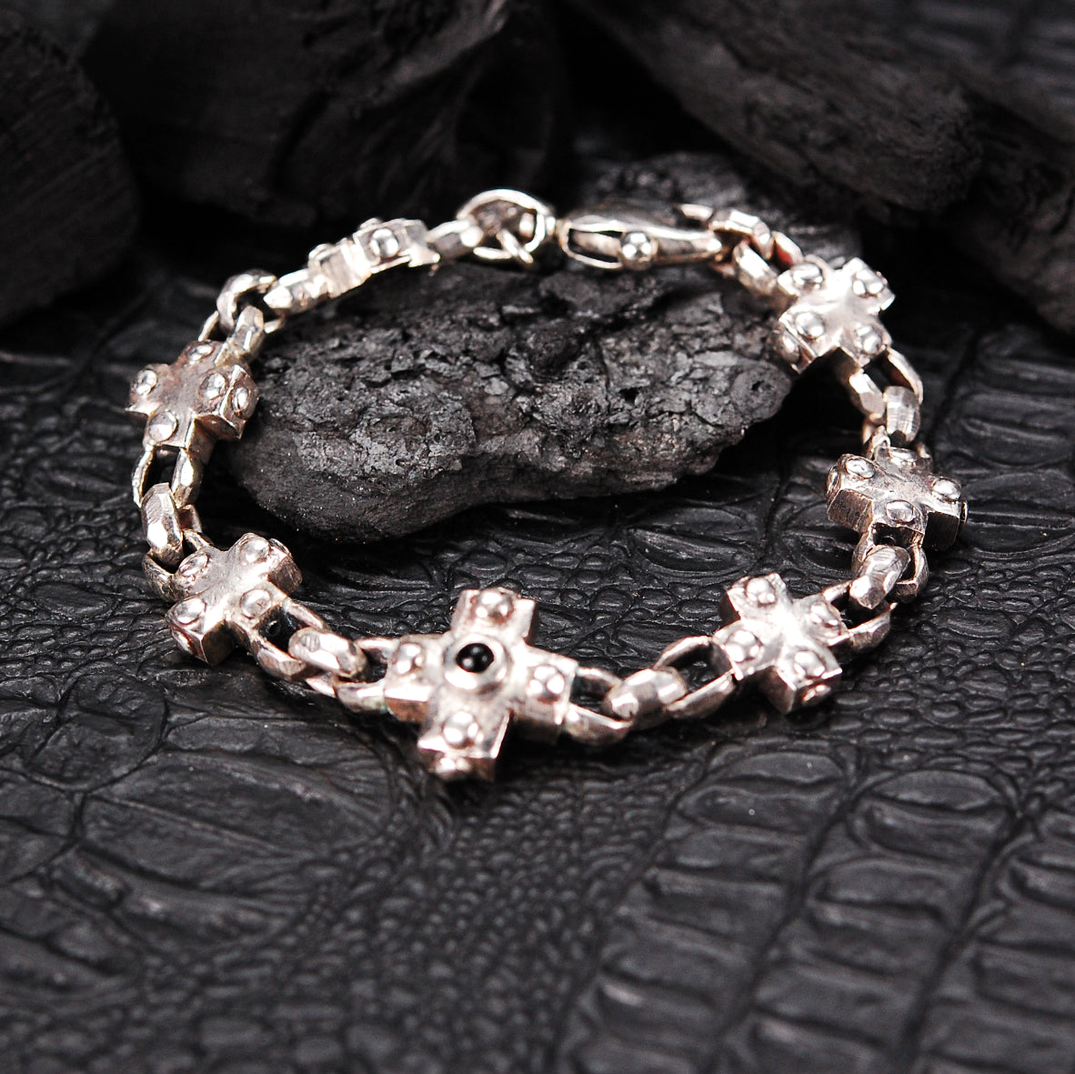 Silver Bracelet Greek Crosses and Peas Chain S Faceted with Karabiner