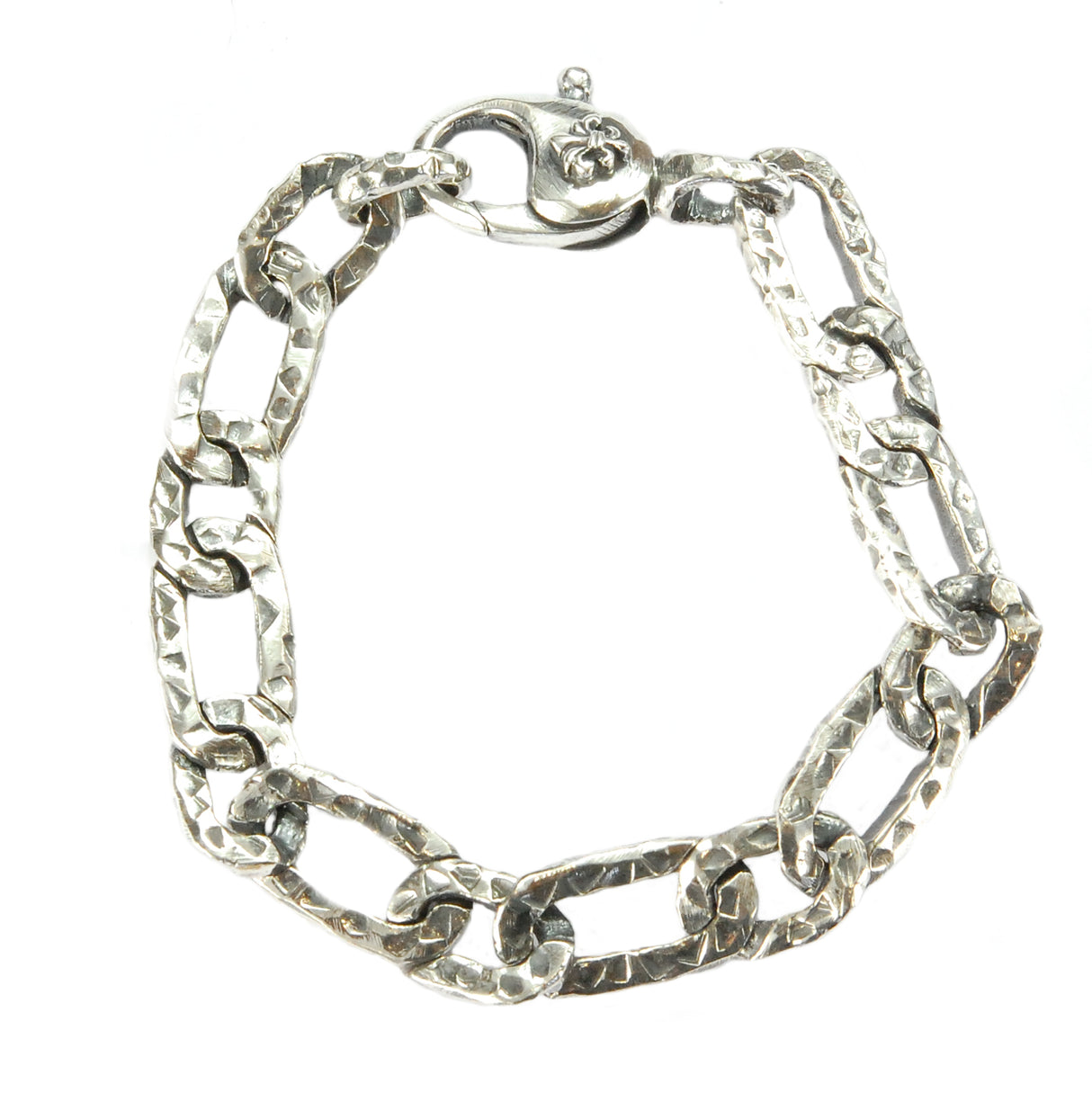 Silver Bracelet FIGARO Chain Hammered with Lily Carabiner 14