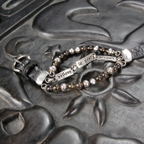 Silver Leather and Beads Bracelet with Silver Plates with Believe in your Dreams