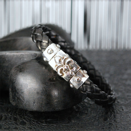 Silver-Leather Bracelet LILY Faceted Boxlock with METEORITE for 10mm leather
