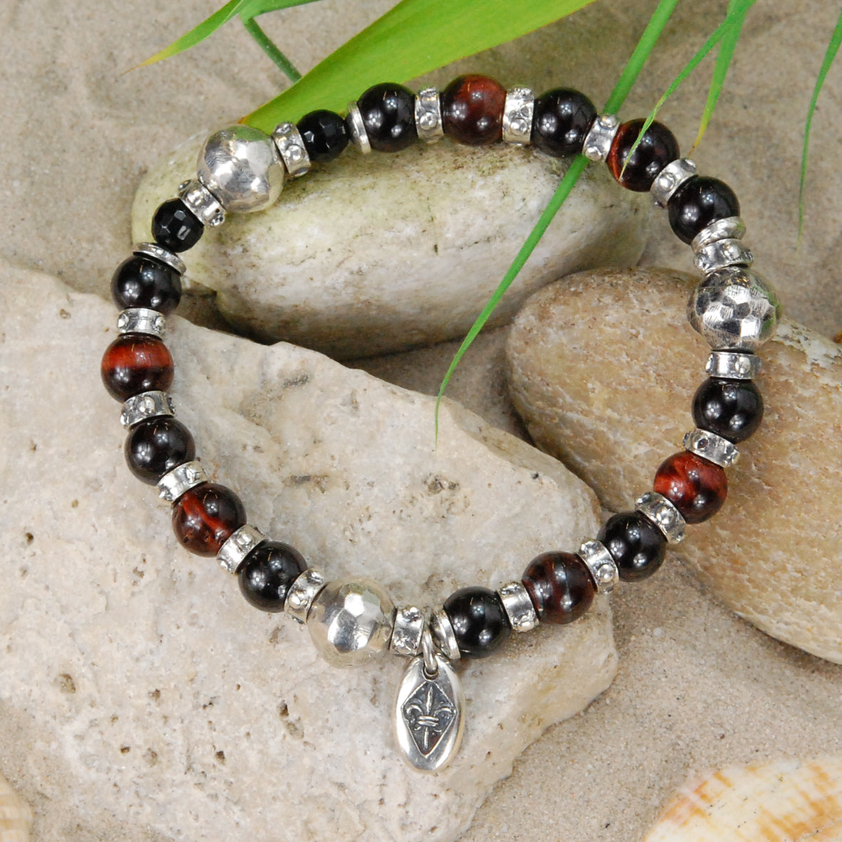 Silver and Beads Bracelet with FACETED SILVER BALLS on Rubber