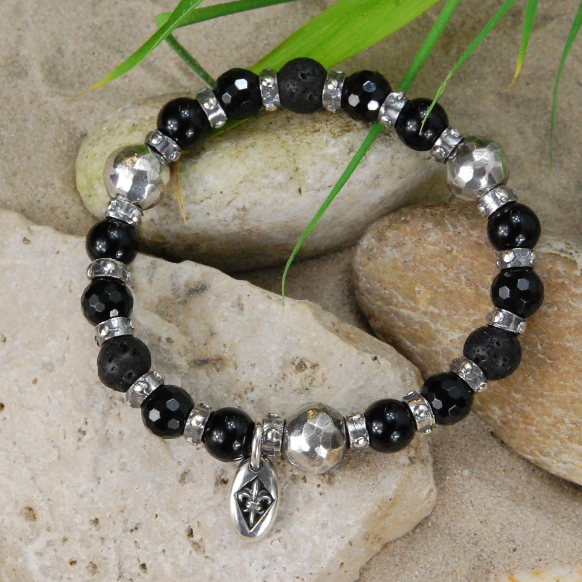 Silver and Beads Bracelet with FACETED SILVER BALLS on Rubber