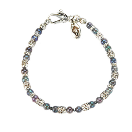 Silver Bracelet with Triple Mini SKULLS and Three Black Diamonds and Black Pearls 5