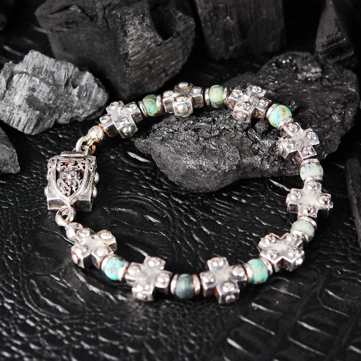 Silver Bracelet Beads and GREEK CROSSES Row with Shield Lock