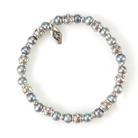 Silver Bracelet with DRAGON SCALES Barrels and Black Pearls 6 on Rubber