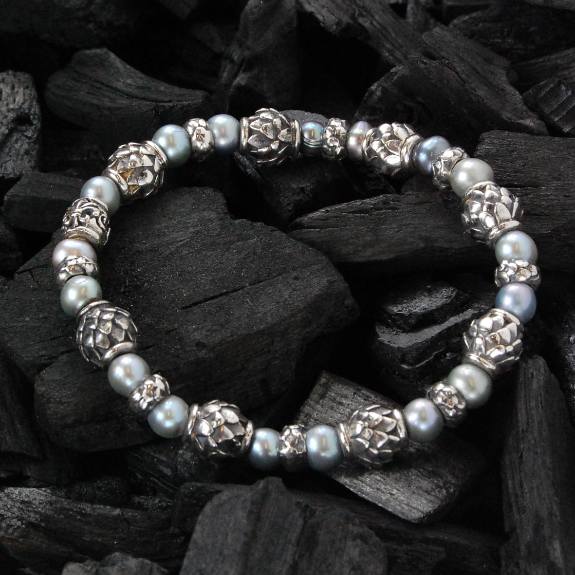 Silver Bracelet with DRAGON SCALES Barrels and Beads + Pearls 8 on Rubber