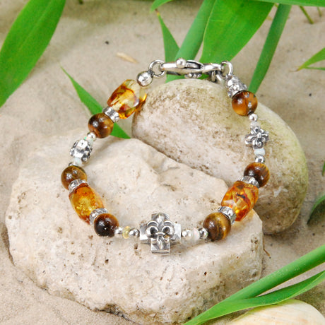 Silver and Beads Bracelet LILY CROSSES 12+8 and ROCKS