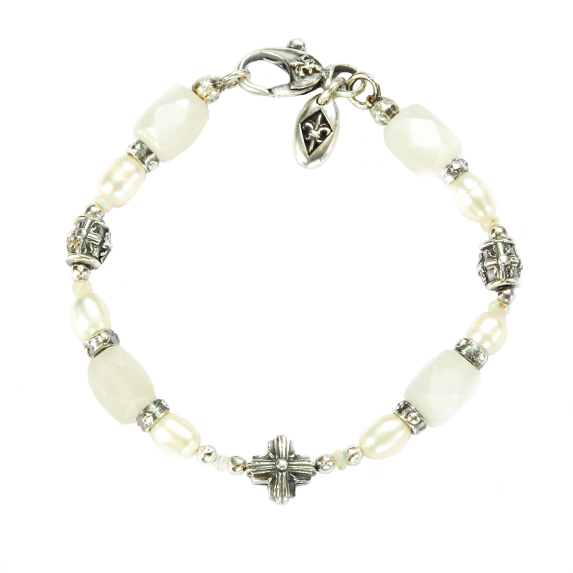 Silver Bracelet MORNING STAR CROSS and MOONSTONE ROCKS with  Pearls and Opals