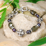 Silver Bracelet BLADES CROSSES and LABRADORITE ROCKS with Black Pearls