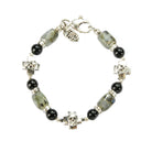 Silver Bracelet SKULL CROSSES and LABRADORITE ROCKS with Black Beads+Diamonds