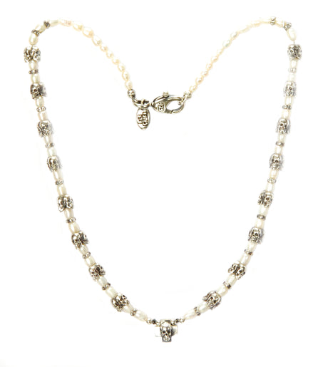 Silver and Pearls Necklace with Triple Small SKULLS  8