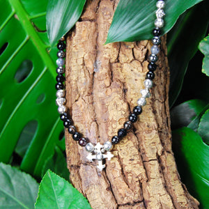 Neckchain Beads and Facetted Silver BLADES CROSS  and Cross Balls