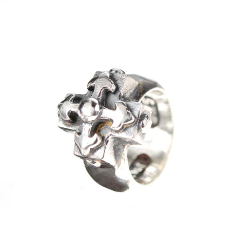 Silver Ring Greek BLADES Cross on Plain Faceted Band