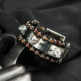 Silver Leather and Beads Bracelet with Silver Plates with LEOPARD HEADS