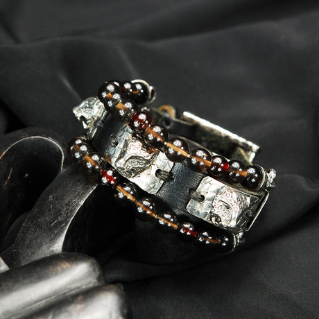 Silver Leather and Beads Bracelet with Silver Plates with LEOPARD HEADS
