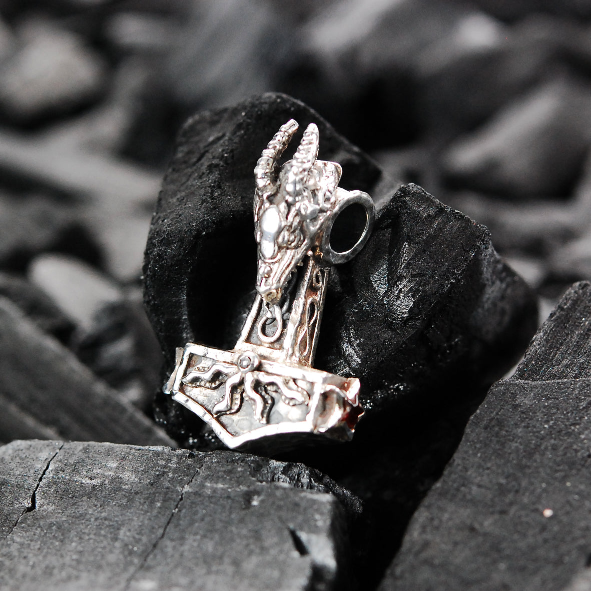 Silver Pendant THORS HAMMER and Dragon Head
