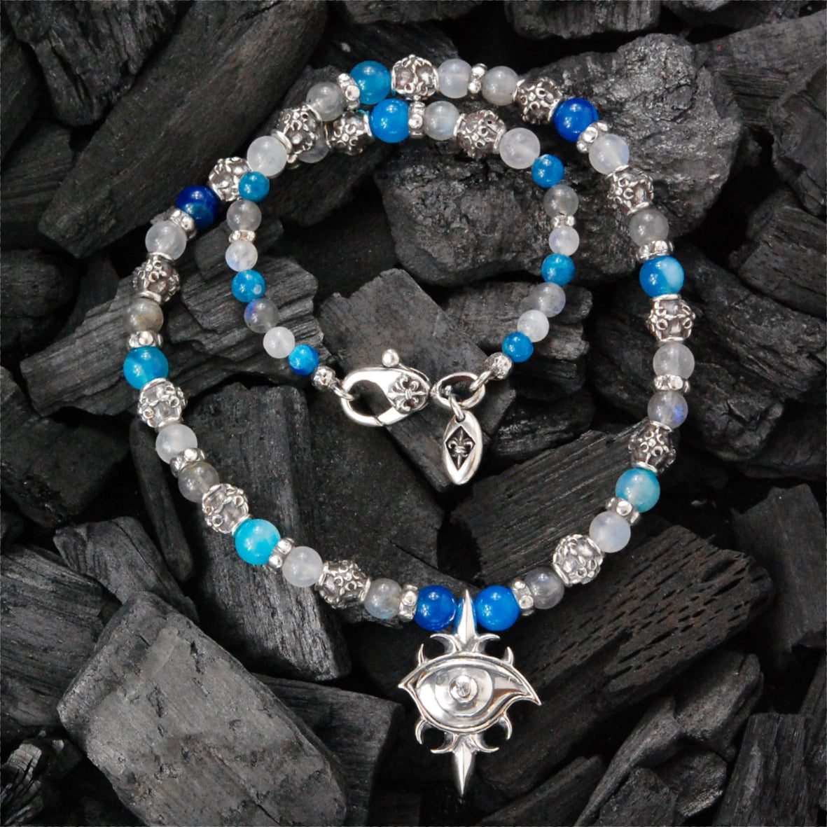 Silver with CRESCENT STAR Tubes + THIRD EYE Protector with BEADS/PEARLS Necklace