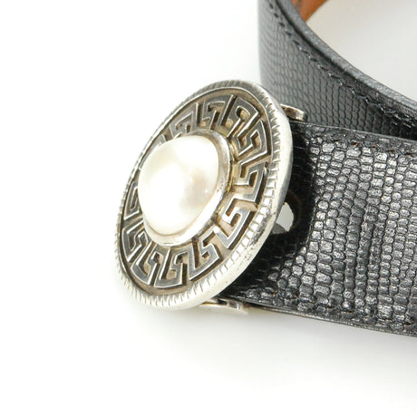 Silver Belt Buckle MEANDER CIRCLE with MABE PEARL