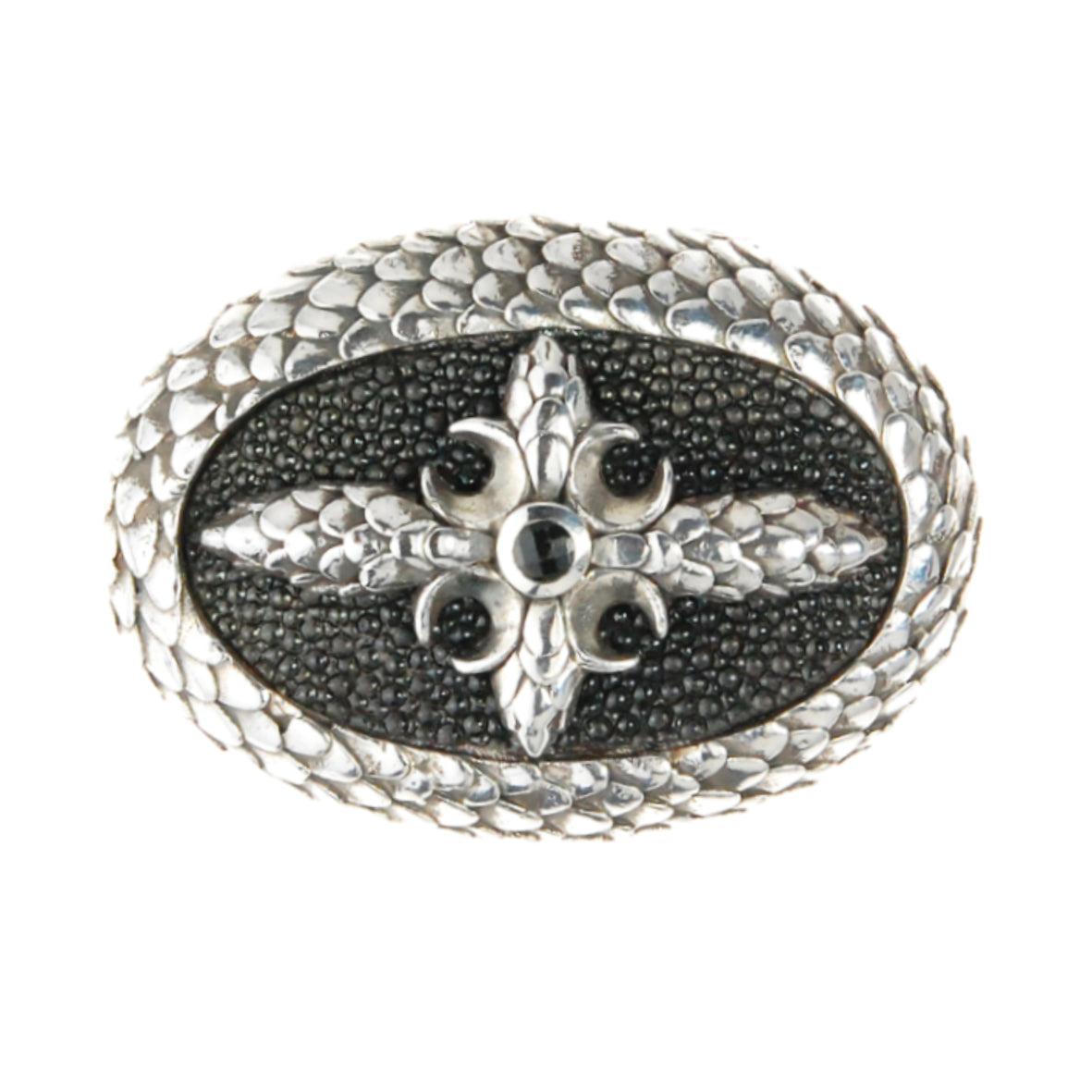 Silver Belt Buckle Oval Dragon Scales Stingray Leather and CrescentCross