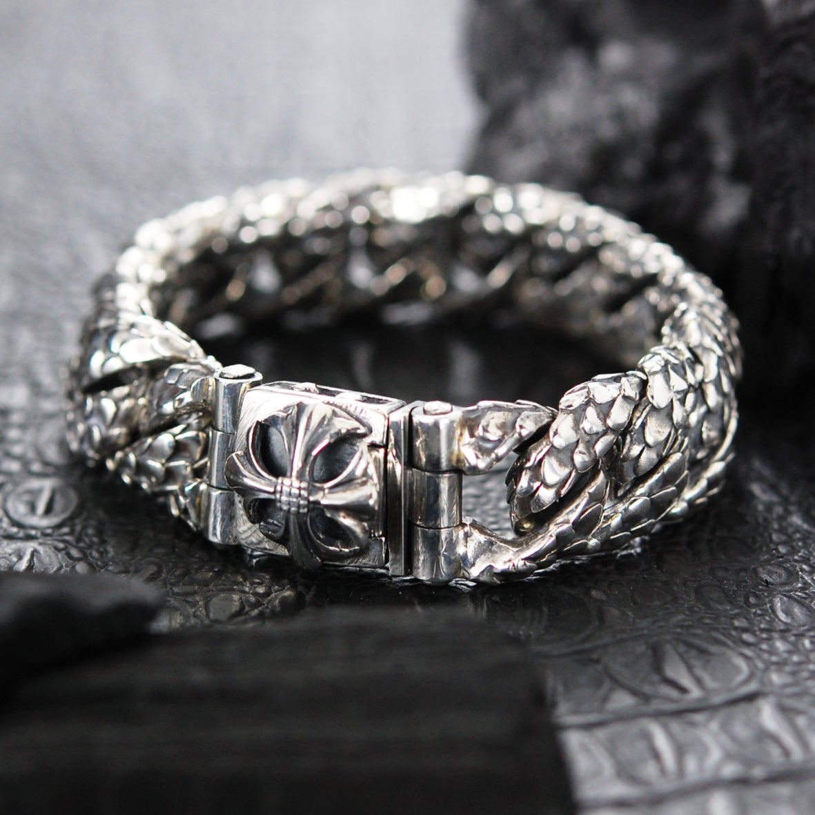 Silver Bracelet MALTESE CROSS+Dragon Scales Chain M
