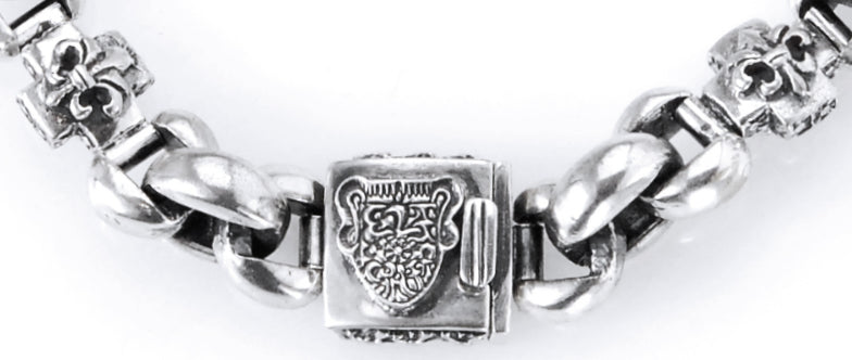 Silver Bracelet LILY CROSSES + SHIELD BOX LOCK on PEA Chain