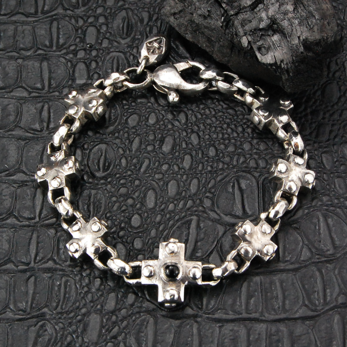 Silberarmband mit griechischen Kreuzen und Erbsenkette S facettiert mit Karabiner