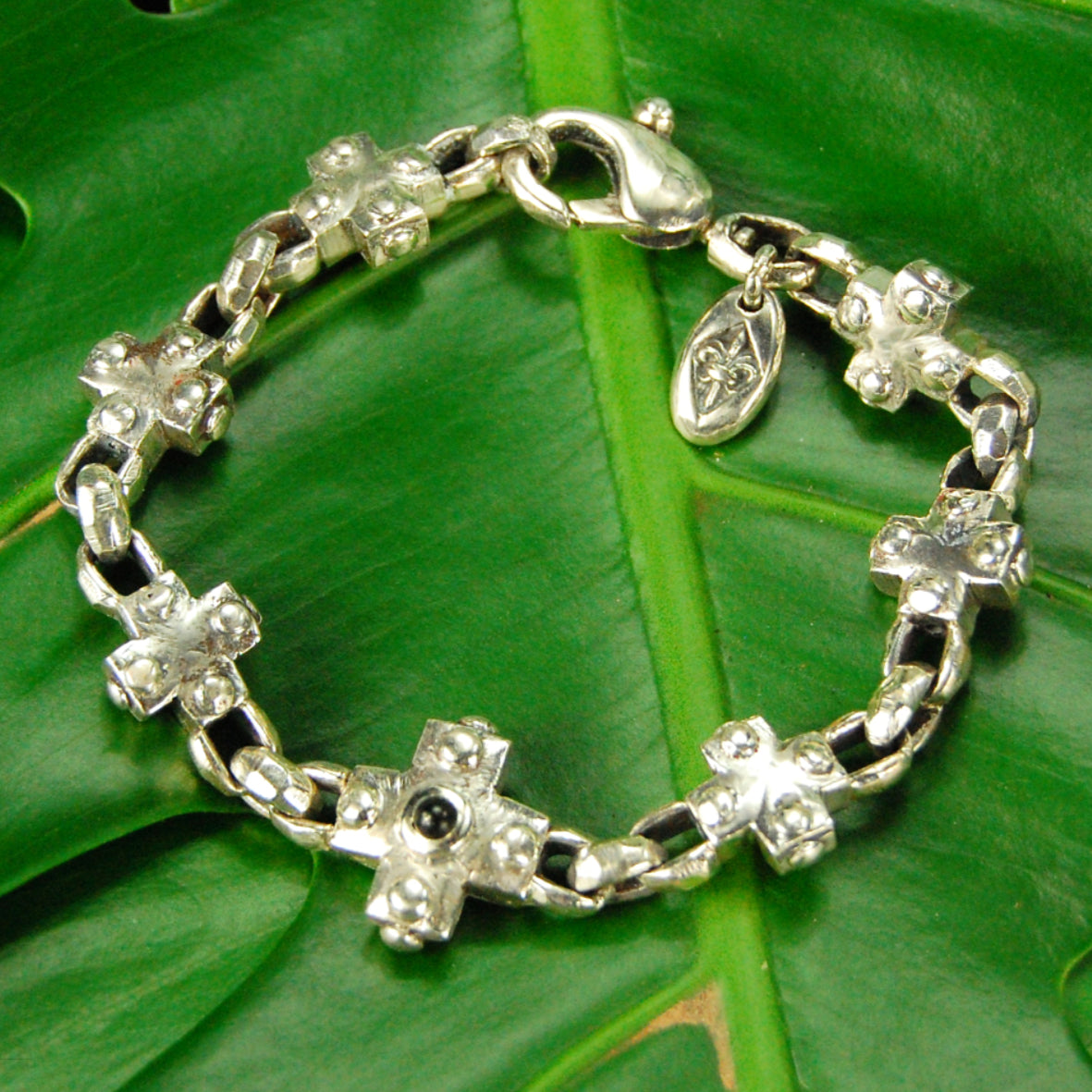 Silver Bracelet Greek Crosses and Peas Chain S Faceted with Karabiner