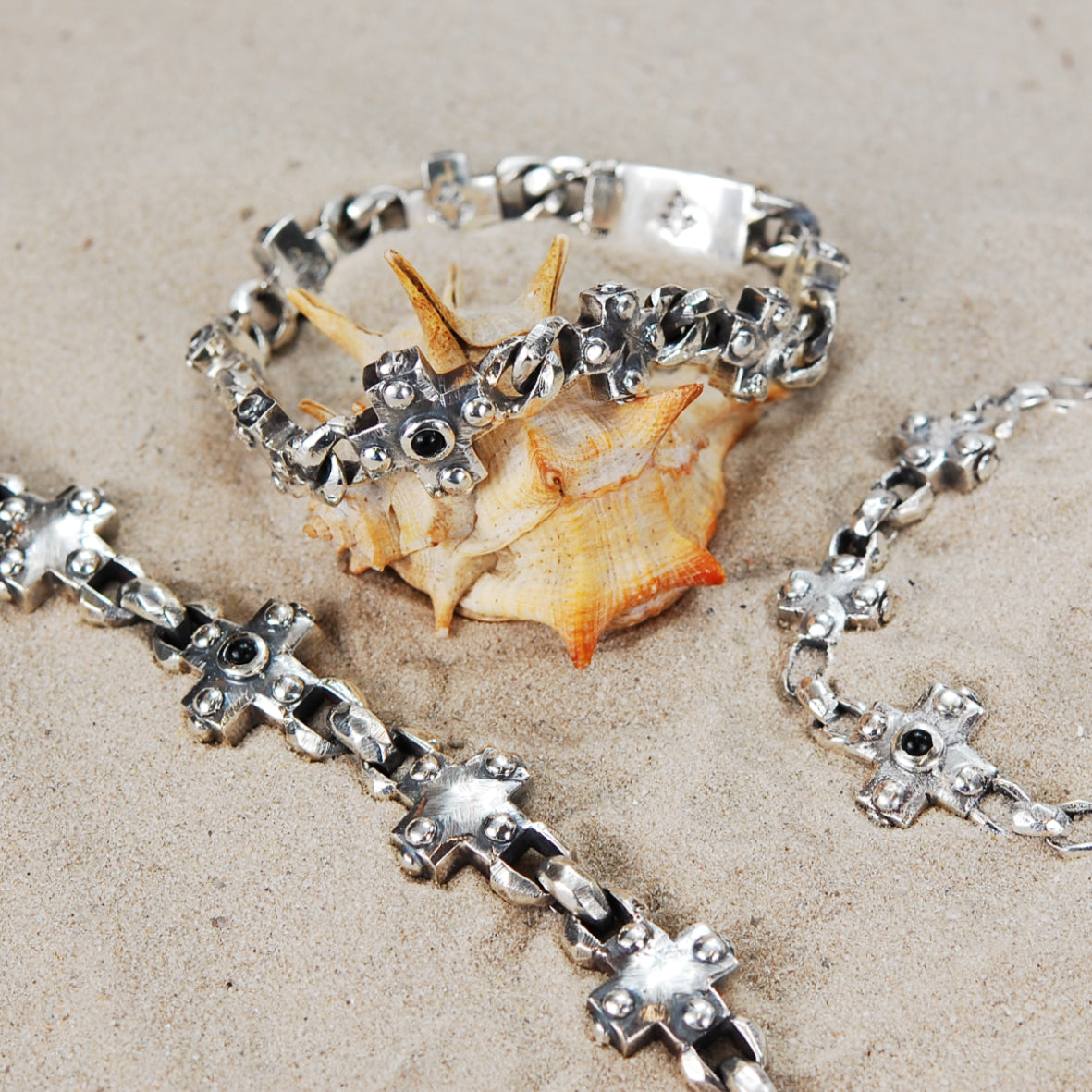 Silver Bracelet Greek Crosses and Peas Chain M Faceted with Karabiner