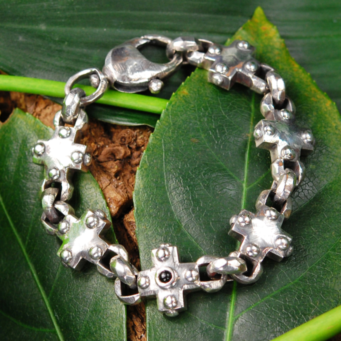 Silver Bracelet Greek Crosses and Peas Chain M Faceted with Karabiner