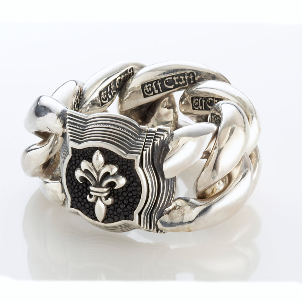 Silver Bracelet BAROQUE FRAME with LILY on Searay Leather Chain XXL