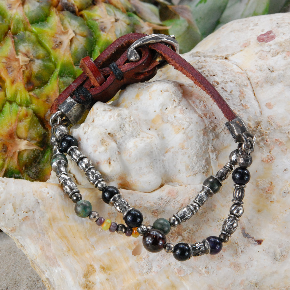 Silbernes Lederarmband RÖHRCHEN und BEADS Doppelstrang 10