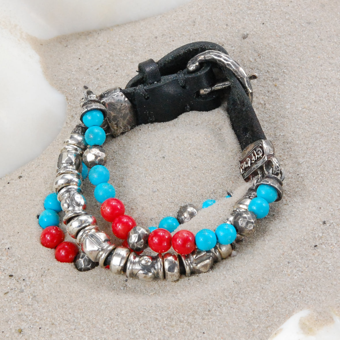 Silber-Lederarmband mit Steinperlen und PYRAMIDEN und KUPPELN Silberröhren 15