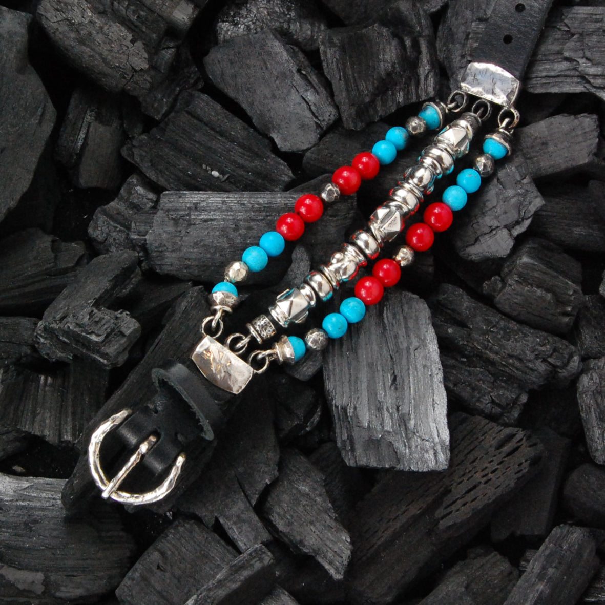 Silver Leather Bracelet Beads and PYRAMIDES and DOMES  Silver Tubes 15