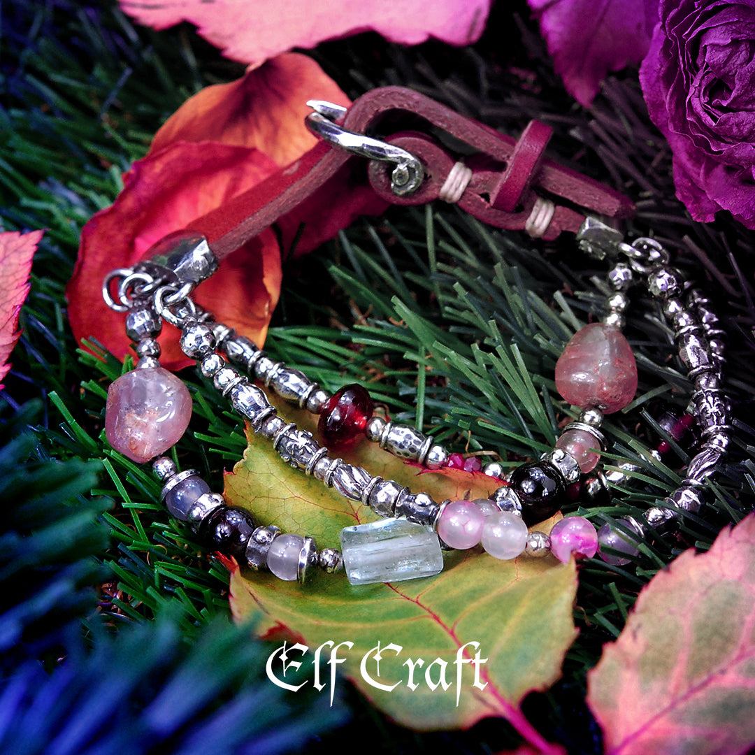 Silver Leather Bracelet BEADS and TUBES and Stone ROCKS 15