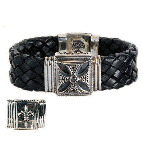 Silbernes Lederarmband MALTESERKREUZ mit LILIE Kastenschloss 22