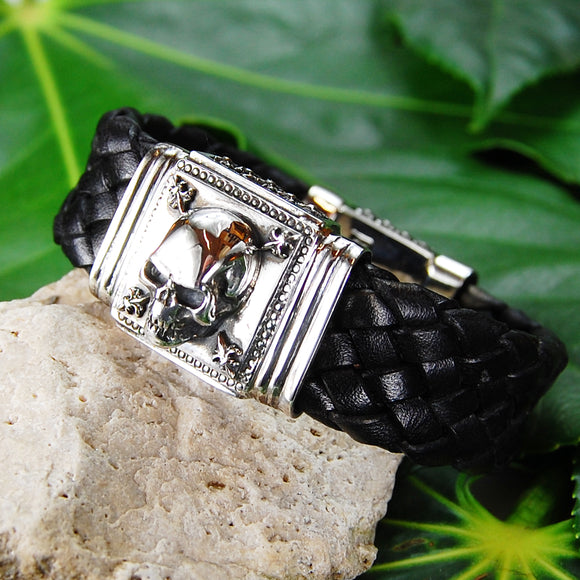 Silver Leather Bracelet SKULL and Lilies 22