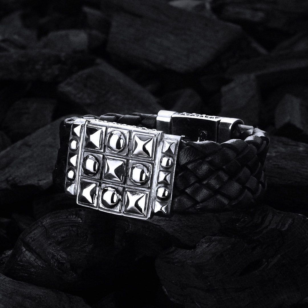 Silver Leather Bracelet PYRAMIDES and DOMES and SHIELD Box Lock 22