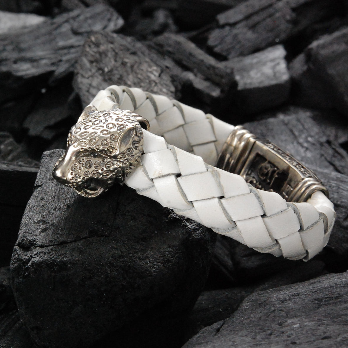 Silver Leather Bracelet LEOPARD Head  with Diamond Eyes and Shieldlock 13