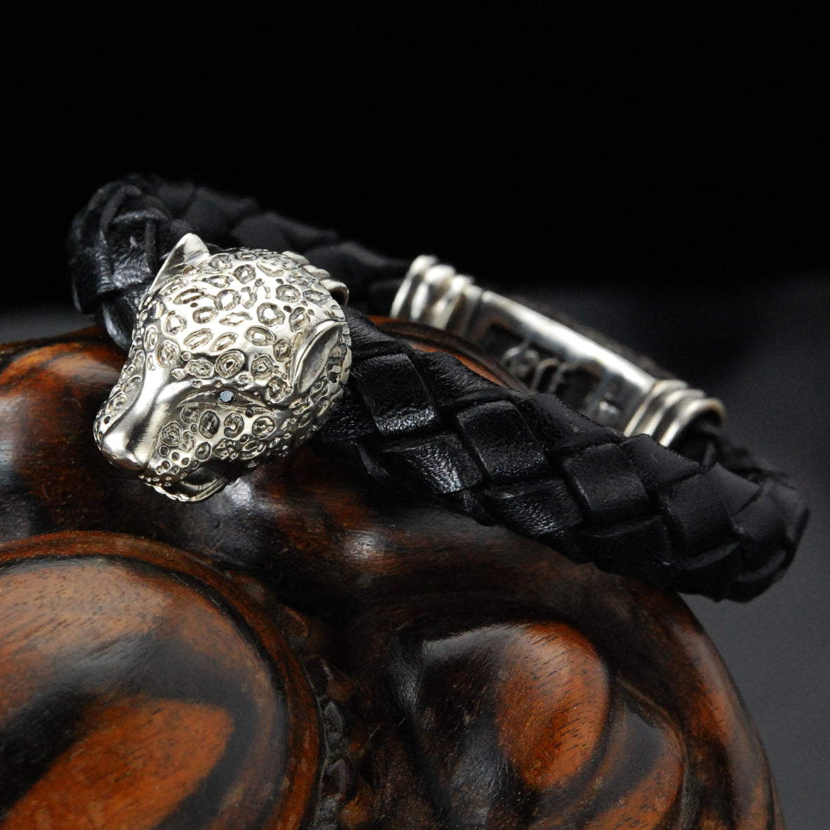 Silver Leather Bracelet LEOPARD Head  with Diamond Eyes and Shieldlock 13