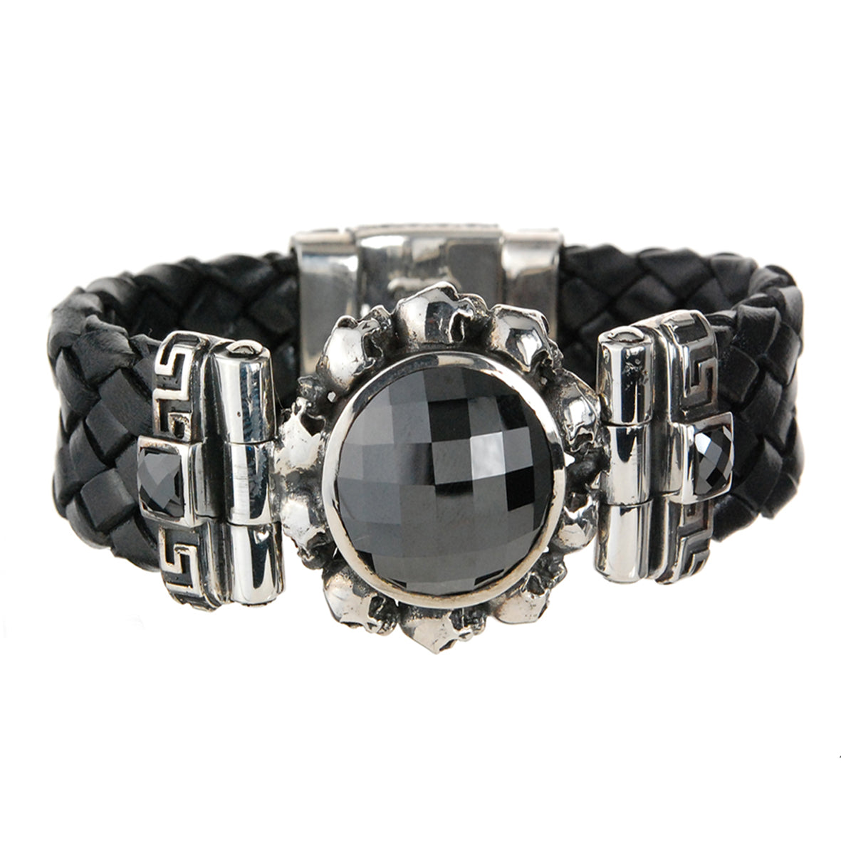 Silver Leather Bracelet ROUND SKULLS FRAME + STONE with SHIELD Box Lock 22